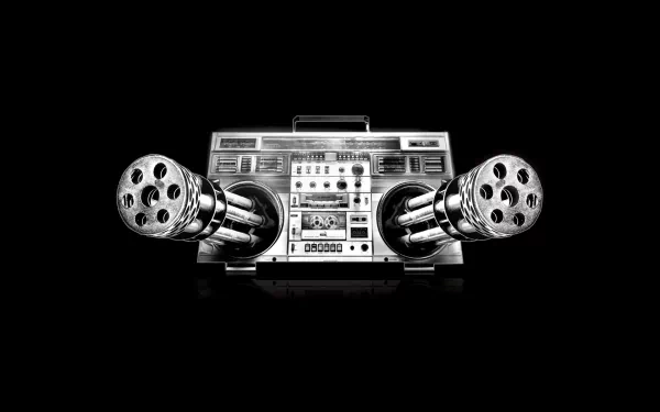 HD PC desktop wallpaper featuring a retro boombox with artistic, music-inspired design and audio equipment elements on a black background.