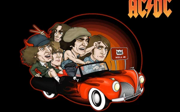 A vibrant HD desktop wallpaper featuring a cartoon-style illustration of the iconic rock band AC/DC, driving a red car with a fiery background and bold “AC/DC” logo.