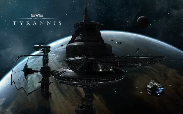 HD PC desktop wallpaper from the Sci-Fi video game EVE Online, featuring a detailed starship orbiting a planet in deep space, titled Tyrannis.