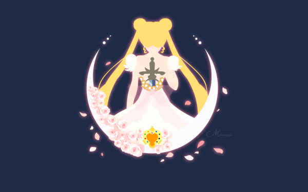 HD anime desktop wallpaper featuring Princess Serenity from Sailor Moon, depicted sitting gracefully on a crescent moon with flowing hair and a glowing sword.