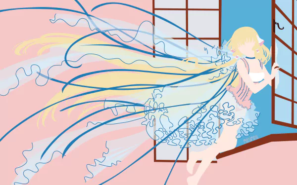 Anime Chi from Chobits in pastel 5K Ultra HD PC desktop wallpaper: flowing long hair and frilly dress at an open window, soft blues and pinks.
