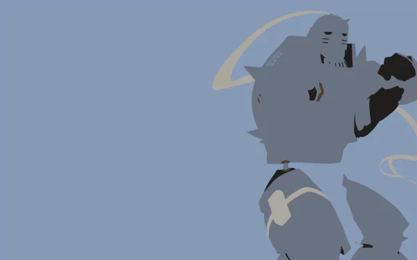 Minimalist 5K Ultra HD PC desktop wallpaper of Alphonse Elric in his armored form from Fullmetal Alchemist against a pale blue background.