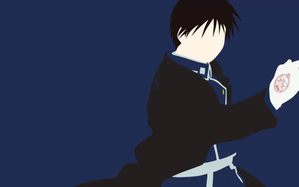 Minimalist 4K Ultra HD anime wallpaper featuring Roy Mustang from Fullmetal Alchemist, depicted in clean, bold shapes against a dark blue background.