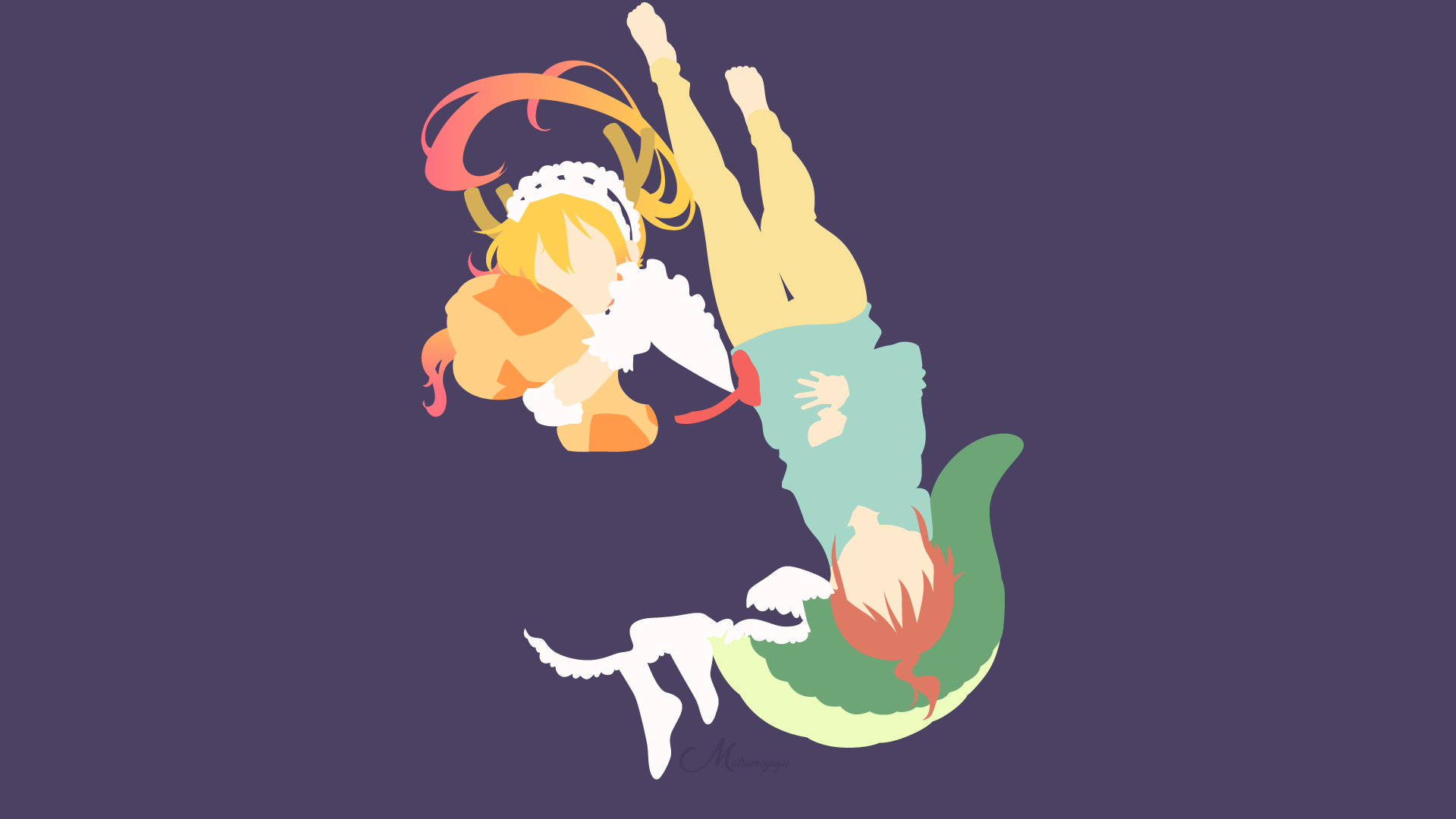 HD PC wallpaper of Kobayashi and dragon Tohru from the anime Miss Kobayashi's Dragon Maid, minimalist silhouettes floating against a deep purple background.