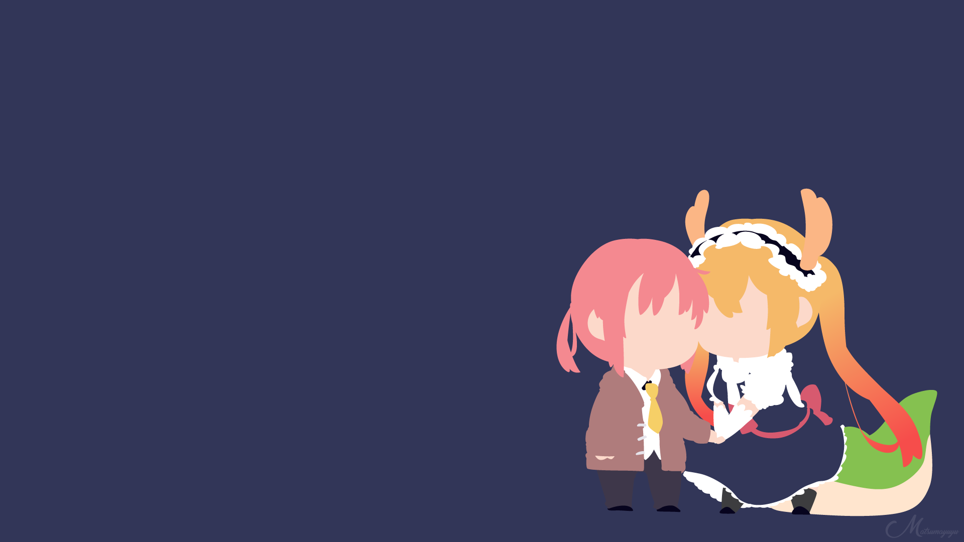 Minimalist HD PC desktop wallpaper featuring stylized anime characters Kobayashi and Tohru from Miss Kobayashi's Dragon Maid against a solid dark blue background.