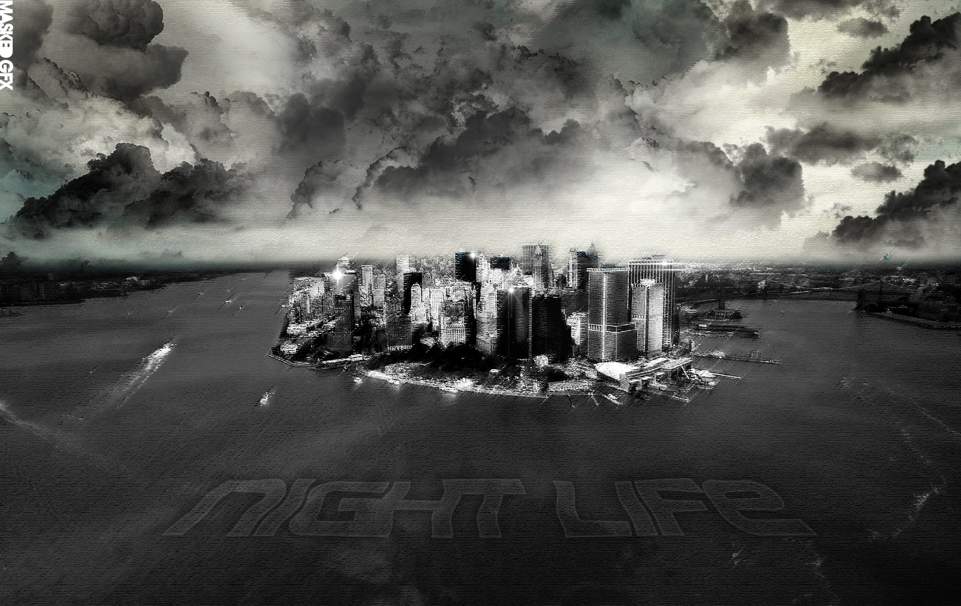 HD artistic cityscape wallpaper showing a dramatic black-and-white aerial view of a city island under a stormy sky with NIGHTLIFE faintly visible in the water.