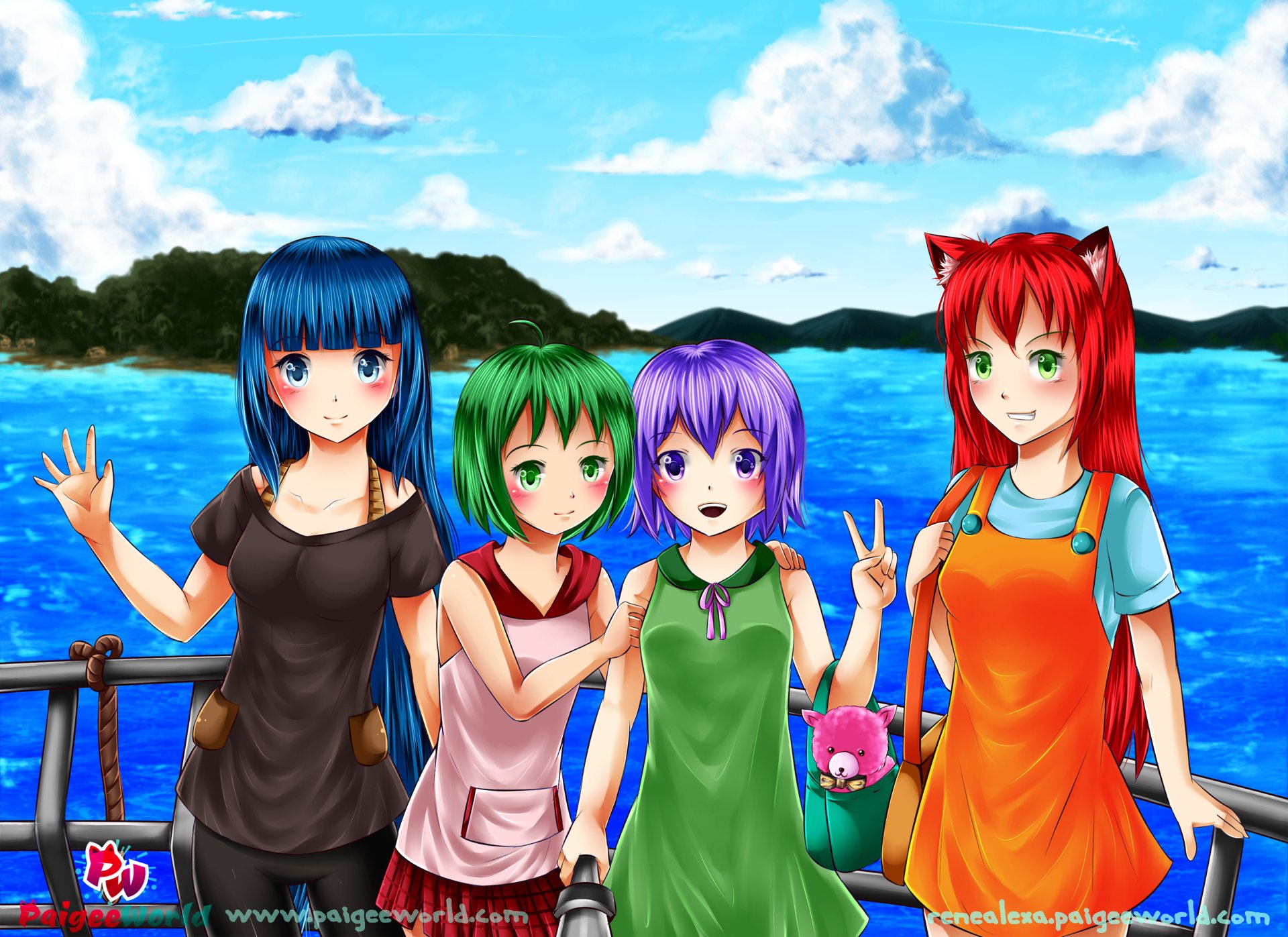 Download Island Blue Eyes Green Eyes Purple Eyes Purple Hair Red Hair Green Hair Blue Hair Cat Girl Anime Original HD Wallpaper by Rene Alexa