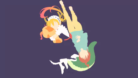 HD PC wallpaper of Kobayashi and dragon Tohru from the anime Miss Kobayashi's Dragon Maid, minimalist silhouettes floating against a deep purple background.