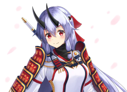 HD PC desktop wallpaper of Archer Inferno Tomoe Gozen (Fate/Grand Order) — anime samurai archer with horns, long silver hair, red eyes, red-and-white armor and falling cherry petals