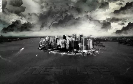 HD artistic cityscape wallpaper showing a dramatic black-and-white aerial view of a city island under a stormy sky with NIGHTLIFE faintly visible in the water.