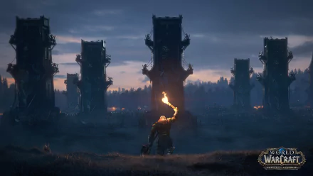 HD desktop wallpaper featuring Varok Saurfang, an orc from World of Warcraft: Battle for Azeroth, holding a torch in front of towering structures under a dark, moody sky.