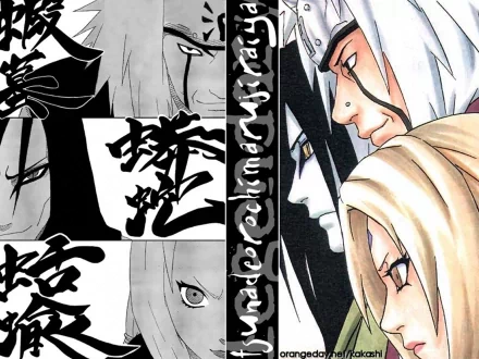 Anime-themed HD desktop wallpaper featuring Orochimaru, Tsunade, and Jiraiya from Naruto, captured in a dynamic and striking design.