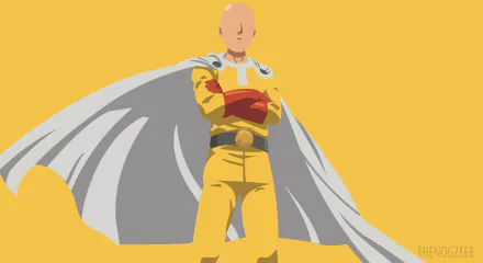HD PC desktop wallpaper featuring Saitama from the anime One-Punch Man, standing confidently with arms crossed against a bright yellow background.