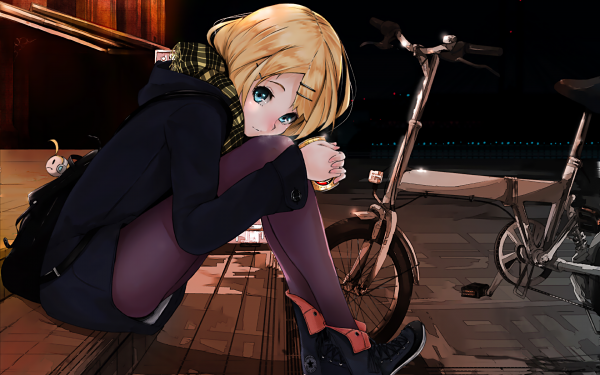 Anime Vocaloid Rin Kagamine Bicycle Blue Eyes Blonde Pantyhose Scarf Night HD Wallpaper | Background Image