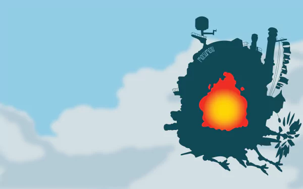 HD PC wallpaper of Howl's Moving Castle silhouette with glowing Calcifer flame at center against a bright blue sky and clouds — anime-inspired desktop background.