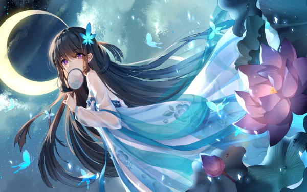 HD desktop wallpaper featuring Stardust, a Vocaloid character from the video game Witch Weapon, adorned in a flowing dress under a crescent moon, surrounded by butterflies and a glowing pink flower.