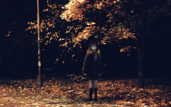 Anime-style original character with short hair and a scarf stands beneath autumn trees in a detailed 4K Ultra HD PC desktop wallpaper and background.