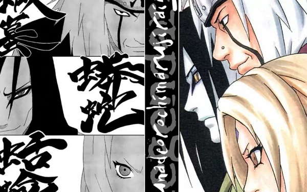 Anime-themed HD desktop wallpaper featuring Orochimaru, Tsunade, and Jiraiya from Naruto, captured in a dynamic and striking design.