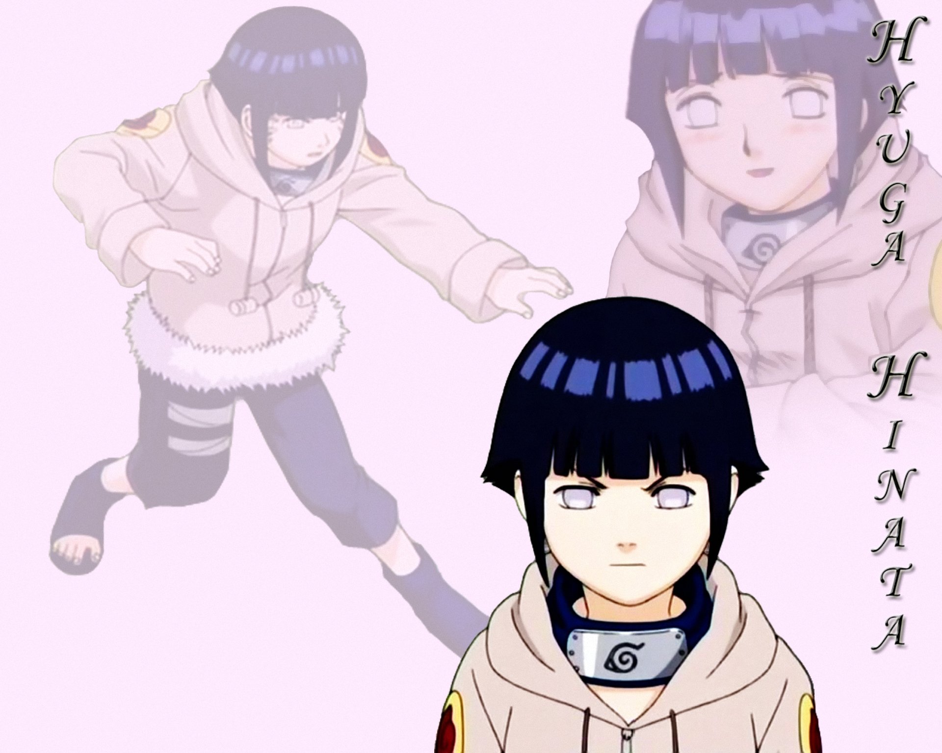 HD wallpaper featuring Hinata Hyuga from the anime Naruto, showcasing her in dynamic poses with a soft pink background and her signature outfit.