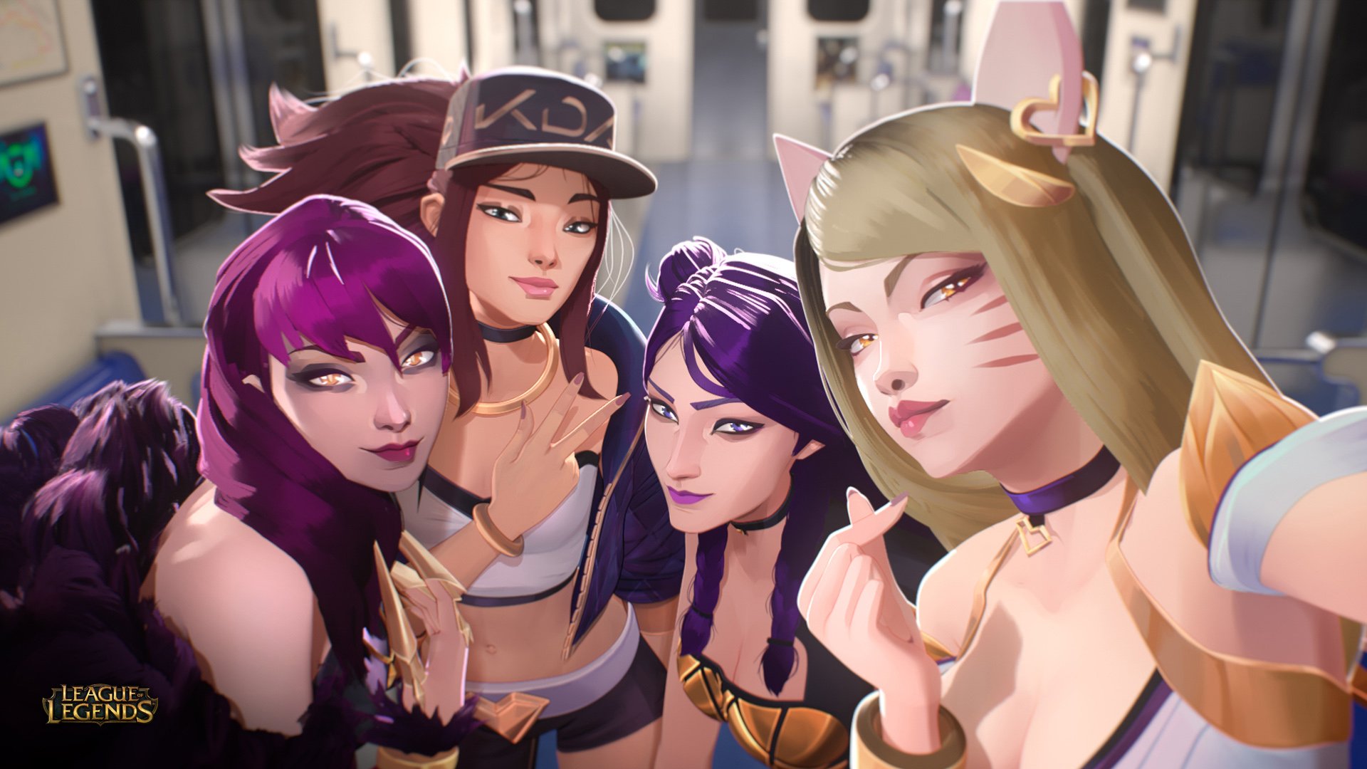 HD PC desktop wallpaper featuring Evelynn, Kai'Sa, Akali, and Ahri from the video game League of Legends in a vibrant, stylized group pose.