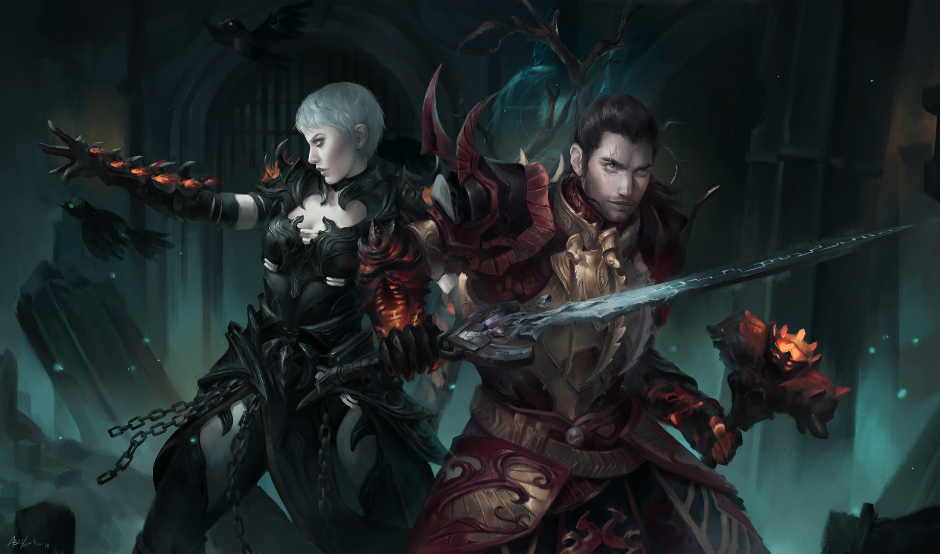 HD PC desktop wallpaper of a pale sorceress and a sword‑wielding, armored fantasy warrior — a fierce woman warrior and her comrade standing amid shadowed, ruined halls.