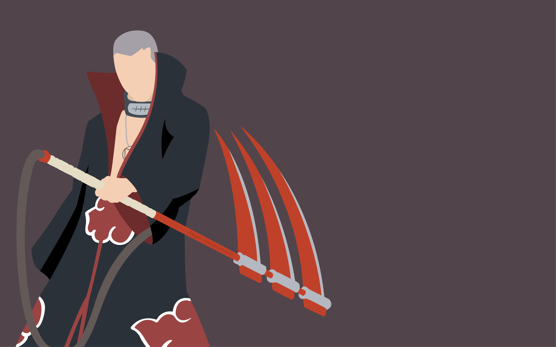4K Ultra HD PC wallpaper of Hidan (Naruto) in his Akatsuki cloak, flat stylized art showing him wielding his triple-bladed scythe against a muted background.