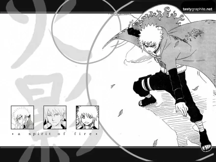 HD wallpaper featuring Minato Namikaze from the anime Naruto, showcasing his dynamic pose and the theme a spirit of fire with subtle leaf motifs.
