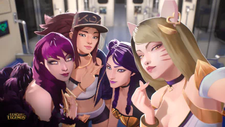 HD PC desktop wallpaper featuring Evelynn, Kai'Sa, Akali, and Ahri from the video game League of Legends in a vibrant, stylized group pose.