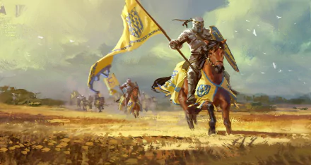 A fantasy warrior knight in armor rides a horse, holding a shield and a yellow banner, leading a charge across a battlefield in this HD PC desktop wallpaper.