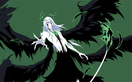4K Ultra HD anime wallpaper featuring Ulquiorra Cifer from Bleach with dark wings and green energy accents on a deep green background.
