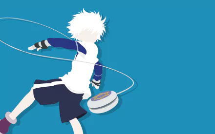 HD minimalist wallpaper featuring Killua Zoldyck from the anime Hunter x Hunter against a blue background.