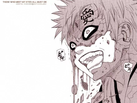 Gaara from Naruto expresses intense emotion, his face marked with symbols, surrounded by a striking contrast. This HD desktop wallpaper captures the essence of this iconic anime character.