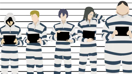 HD PC wallpaper of Prison School anime featuring Reiji Andō, Jōji Nezu, Shingo Wakamoto, Takehito Morokuzu and Kiyoshi Fujino in striped prison uniforms against a lineup background.