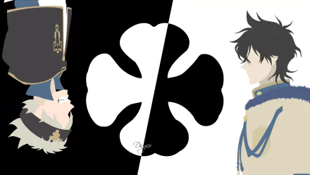 HD desktop wallpaper featuring Yuno and Asta from Black Clover, split by a stylized clover emblem.