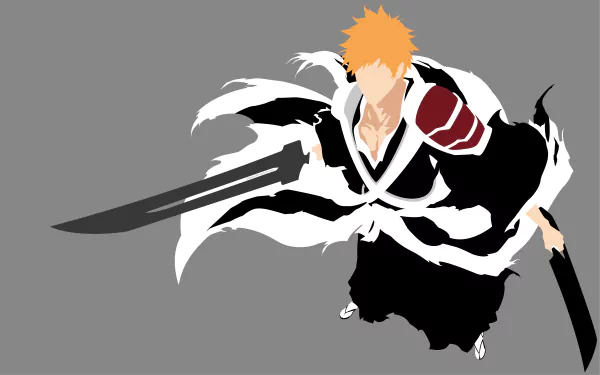 Ichigo Kurosaki (Bleach anime) in a dynamic sword pose, stylized silhouette and flowing cloak on a gray field — 4K Ultra HD PC desktop wallpaper.