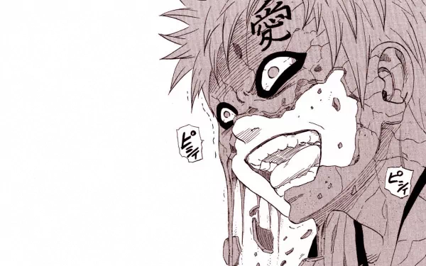 Gaara from Naruto expresses intense emotion, his face marked with symbols, surrounded by a striking contrast. This HD desktop wallpaper captures the essence of this iconic anime character.
