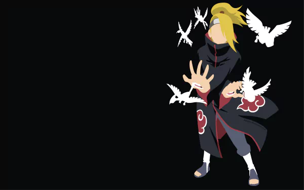 Deidara (Naruto) in his Akatsuki cloak releasing clay birds against a black backdrop — 4K Ultra HD anime PC desktop wallpaper.