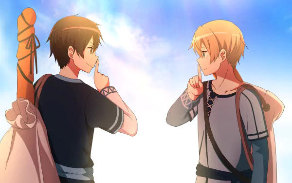 Anime wallpaper featuring Kirito and Eugeo from Sword Art Online: Alicization. They are making a shh gesture against a bright, blue-sky background. Kirito has brown hair and eyes; Eugeo is blonde.