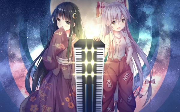 2K Quad HD PC desktop wallpaper of Touhou anime characters Kaguya Houraisan and Fujiwara no Mokou standing with a glowing keyboard/piano before a cosmic moonlit background.