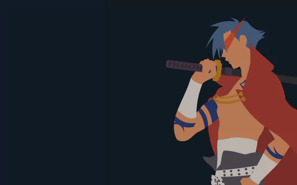 Stylized 2K Quad HD anime PC desktop wallpaper: Kamina (Tengen Toppa Gurren Lagann) in red cape and goggles, gripping a sword against a dark minimalist background.