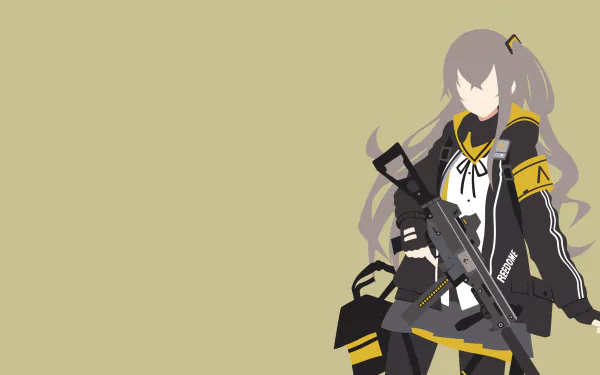 UMP45 (Girls Frontline) anime-style with SMG in black-and-yellow outfit on beige negative space — video game 2K Quad HD PC desktop wallpaper/background.