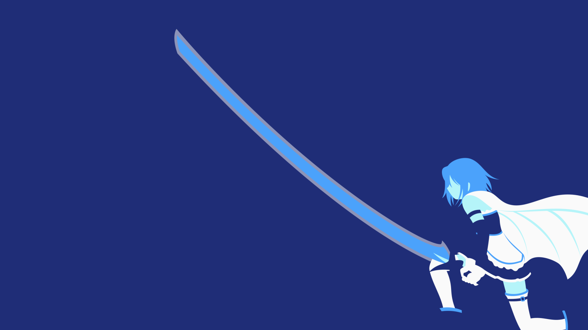 Sayaka Miki (Puella Magi Madoka Magica) anime 2K Quad HD PC desktop wallpaper: stylized blue silhouette kneeling with an oversized sword on a deep navy background.