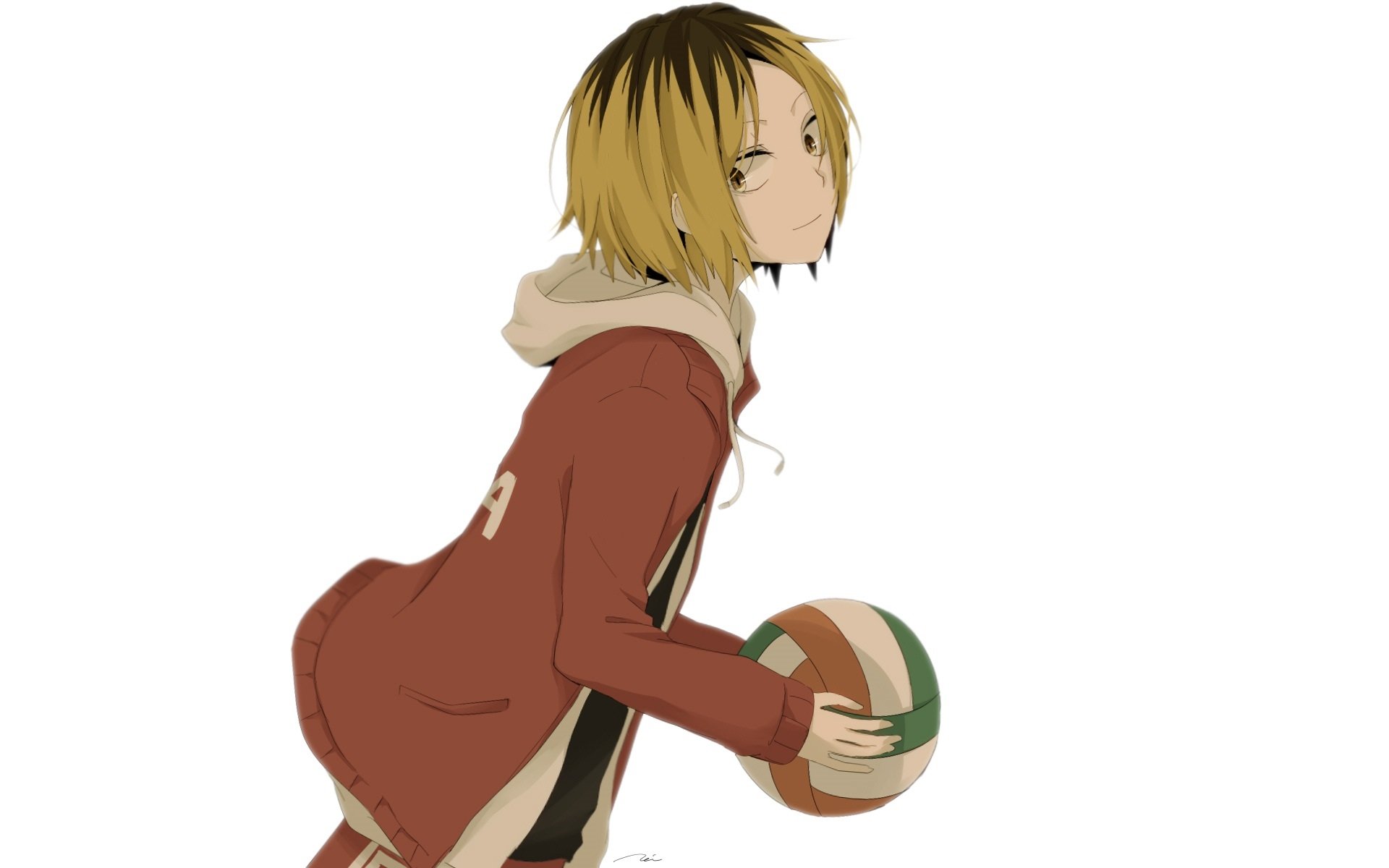 HD PC desktop wallpaper featuring Kenma Kozume from the anime Haikyū!! holding a volleyball, set against a clean white background.