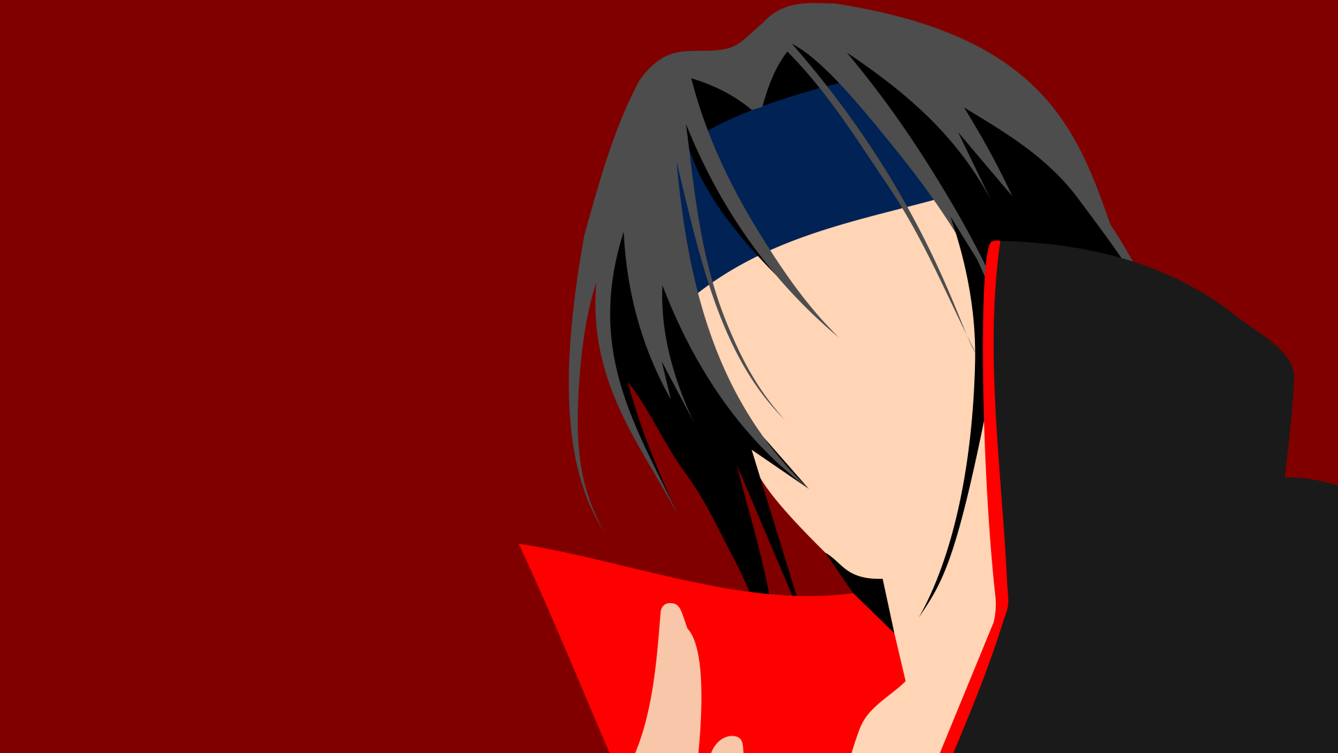 Minimalist anime-style portrait of Itachi Uchiha (Uchiha Clan) against a deep red background — 8K Ultra HD PC desktop wallpaper.