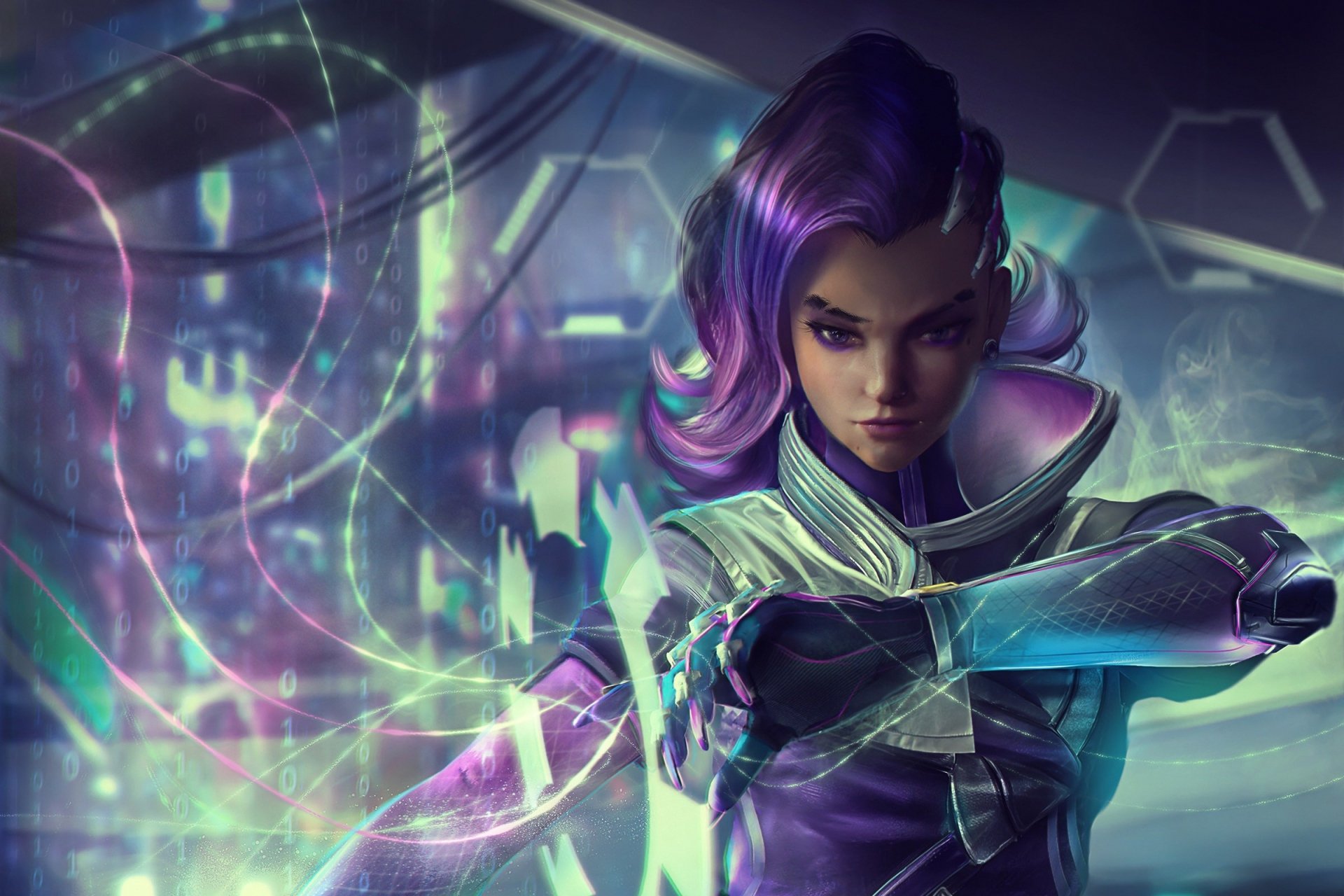 HD PC desktop wallpaper featuring Sombra from Overwatch, showcasing her in a futuristic, cybernetic environment with vibrant digital effects.
