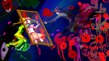 A vibrant HD desktop wallpaper featuring artwork from the 2012 video game Ib. The image portrays abstract, colorful characters and elements, capturing the game's surreal and eerie atmosphere.