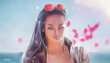 Nico Robin (One Piece) HD PC wallpaper — soft-lit portrait with long dark hair, sunglasses perched on her head, gentle smile and pink petals drifting over a sea background.