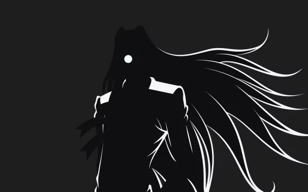 Integra Hellsing anime silhouette with glowing eye and flowing hair, high-contrast black-and-white 2K Quad HD PC desktop wallpaper background.