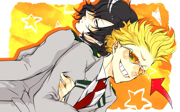 HD PC desktop wallpaper featuring Shouta Aizawa and Present Mic from the anime My Hero Academia with a vibrant yellow background and star motifs.