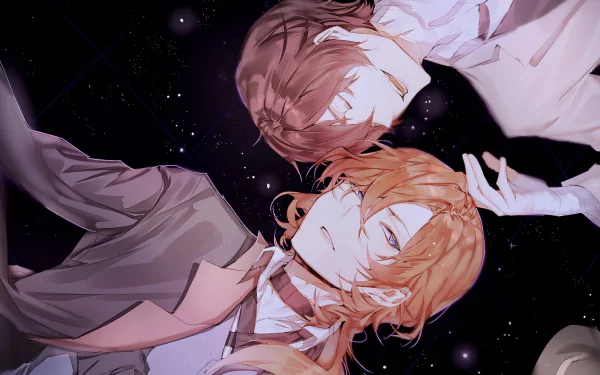 HD anime wallpaper featuring Osamu Dazai and Chuya Nakahara from Bungou Stray Dogs, illustrated by sokouku with dark space-themed background.